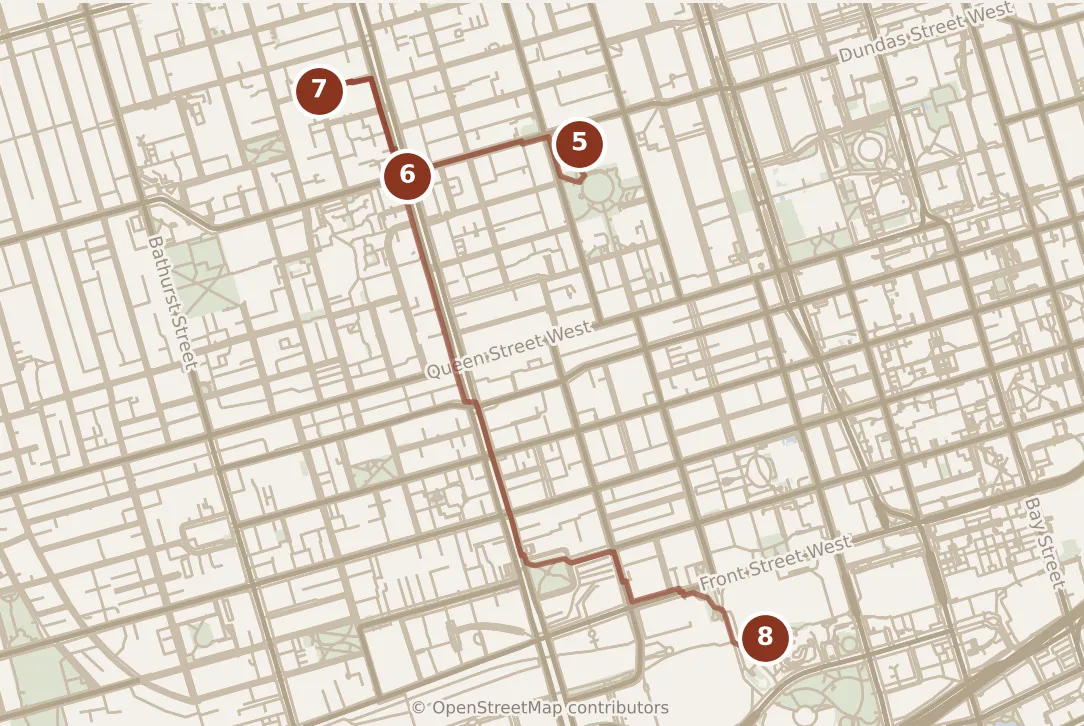 Map of Toronto, afternoon and evening: stops 5–8, numbered in walking order.