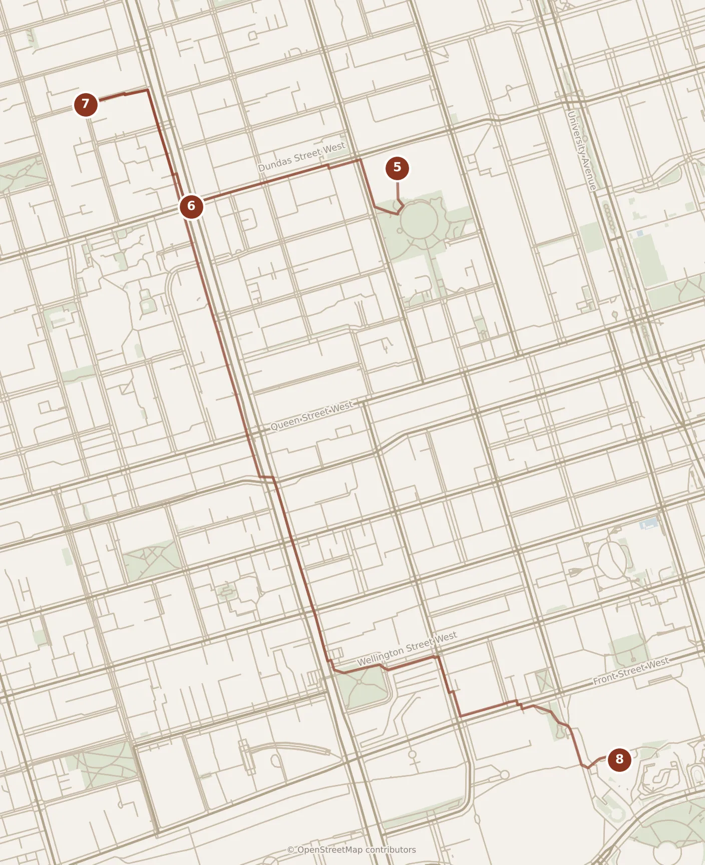 Map of Toronto, afternoon and evening: stops 5–8, numbered in walking order.