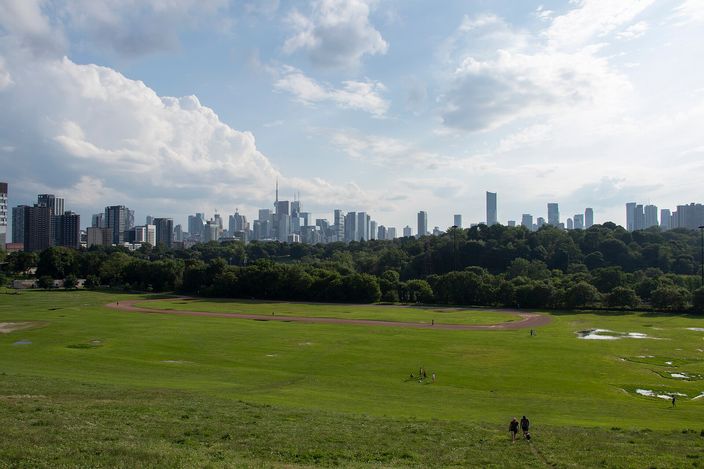 A broad green park slope descending to sports fields, with a wooded valley beyond and the whole downtown skyline standing along the horizon under tall summer cloud.