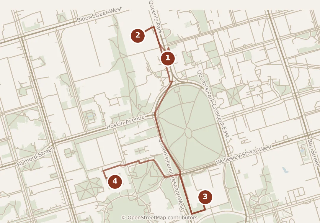 Map of Toronto, morning: stops 1–4, numbered in walking order.