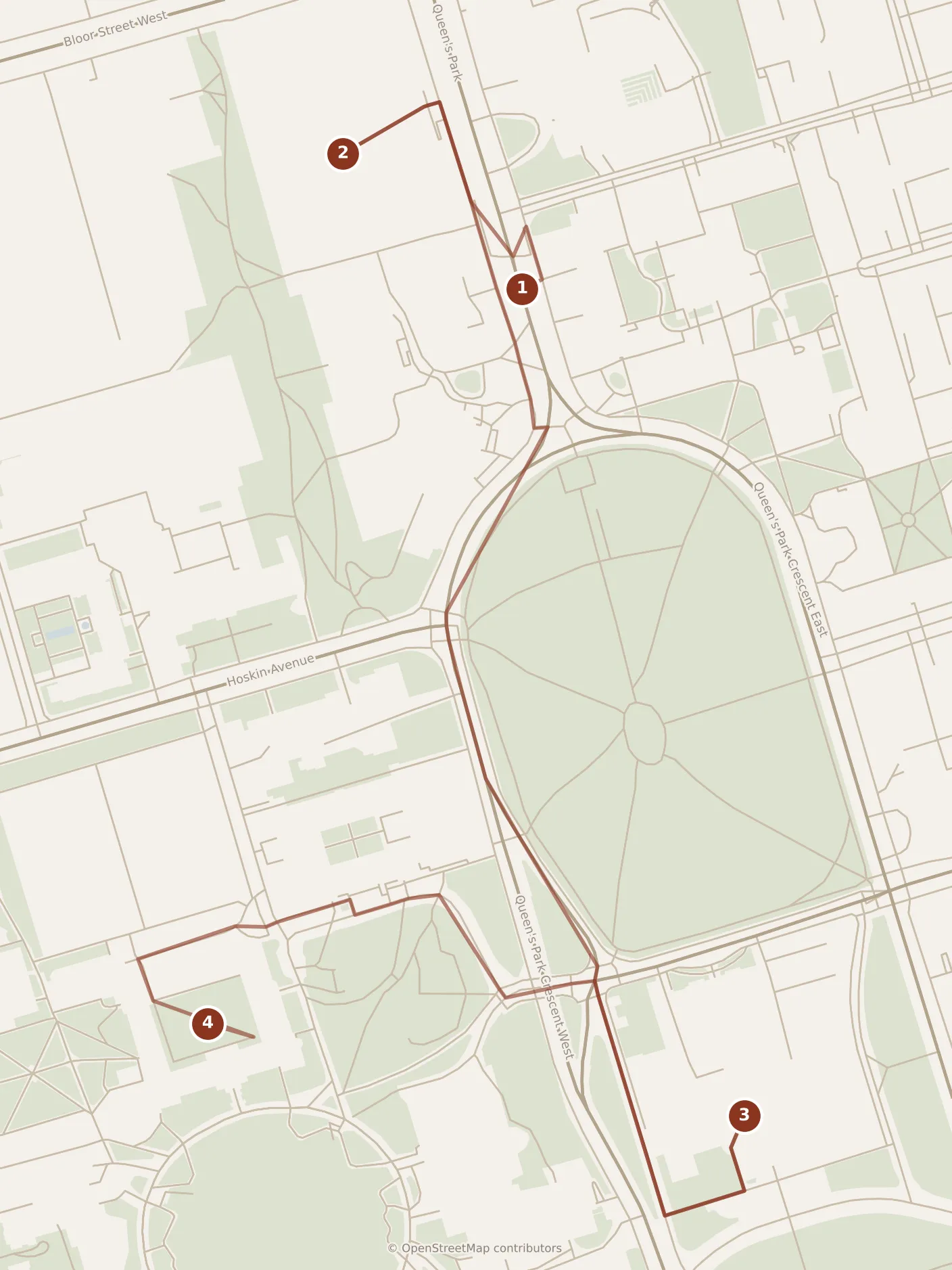 Map of Toronto, morning: stops 1–4, numbered in walking order.