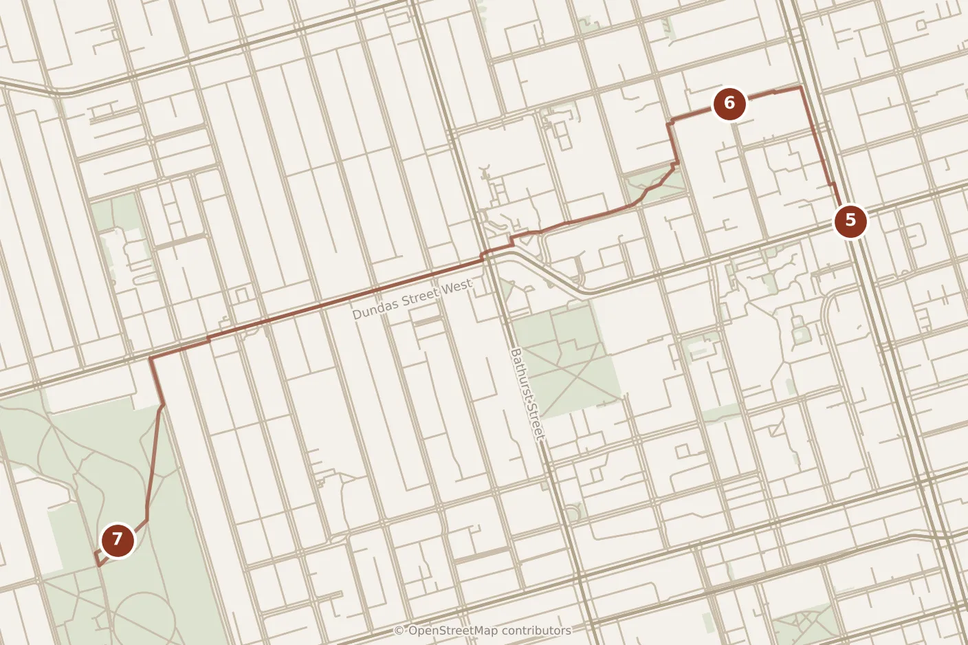 Map of Toronto, afternoon: stops 5–7, numbered in walking order.