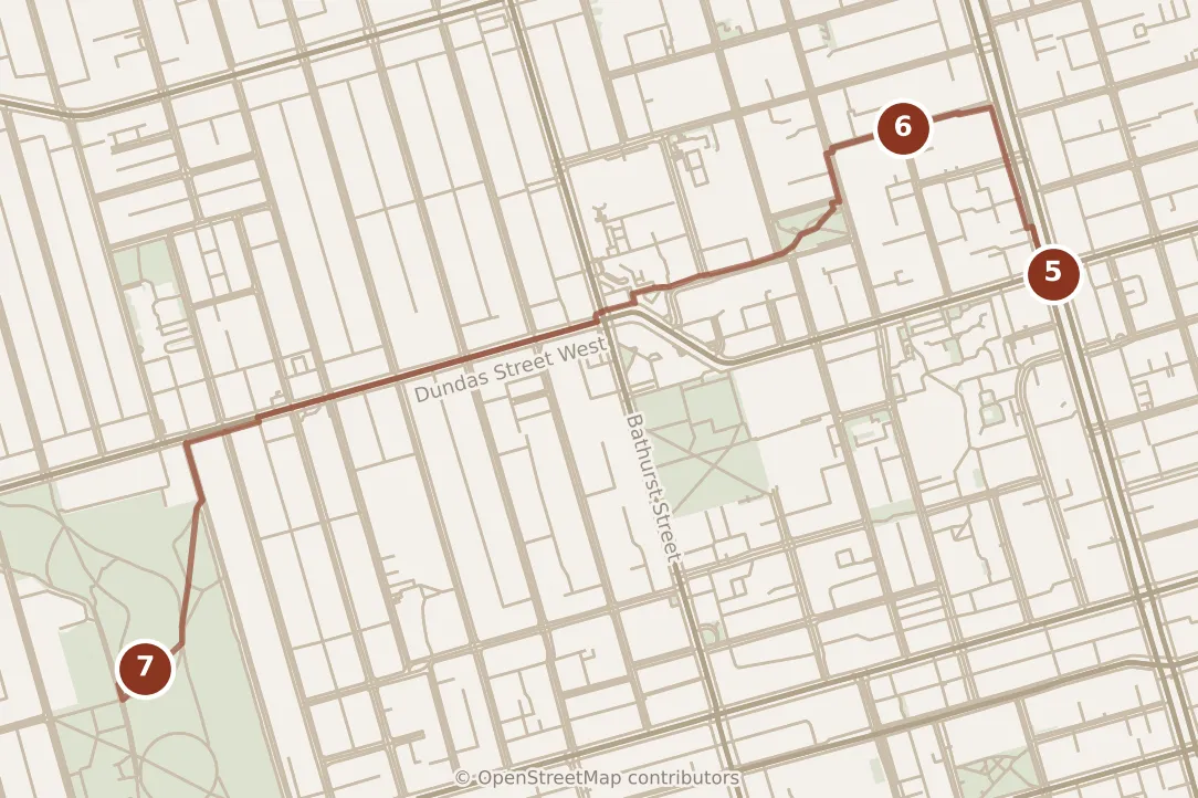Map of Toronto, afternoon: stops 5–7, numbered in walking order.