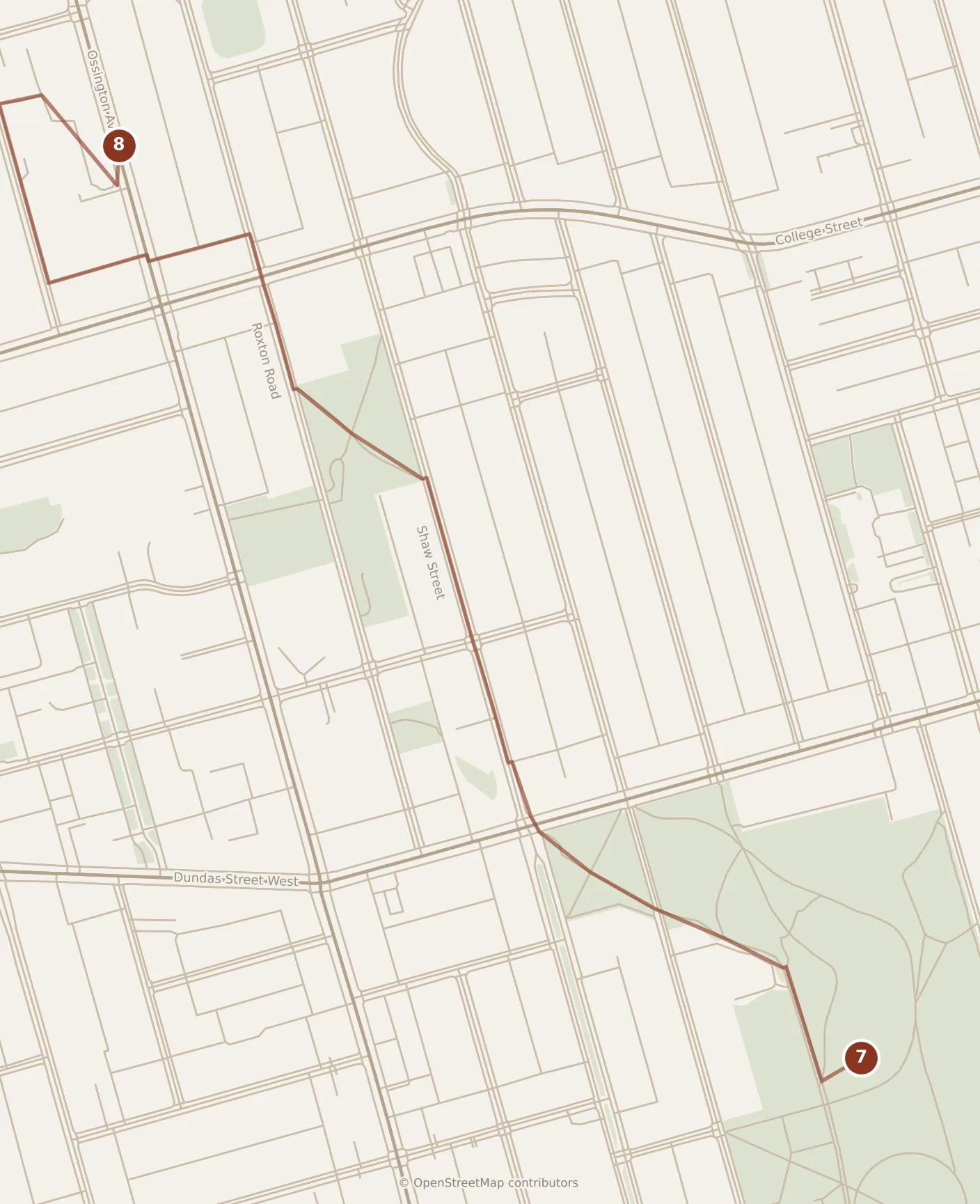 Map of Toronto, evening: stop 8, numbered in walking order.