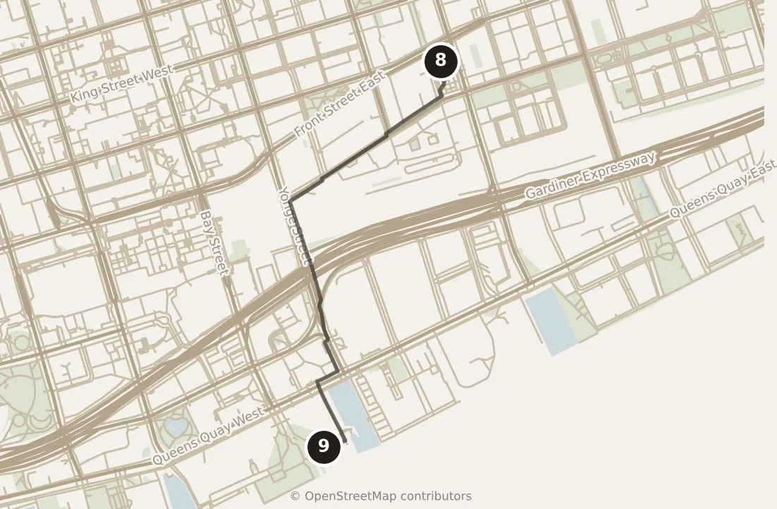 Map of Toronto, morning: stops 8–9, numbered in walking order.