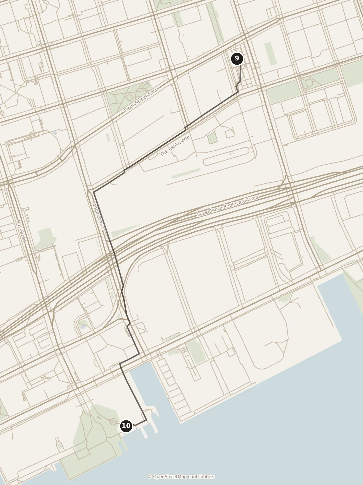 Map of Toronto, morning: stops 9–10, numbered in walking order.