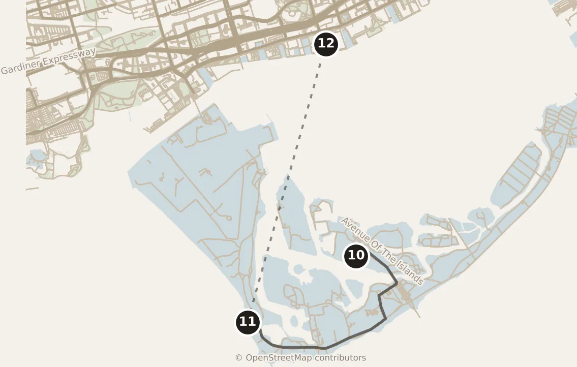 Map of Toronto, afternoon: stops 10–12, numbered in walking order.