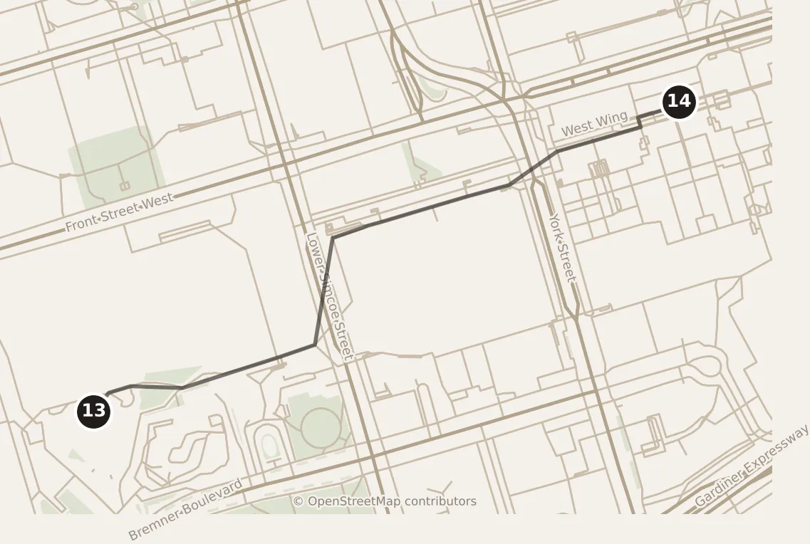 Map of Toronto, evening: stops 13–14, numbered in walking order.