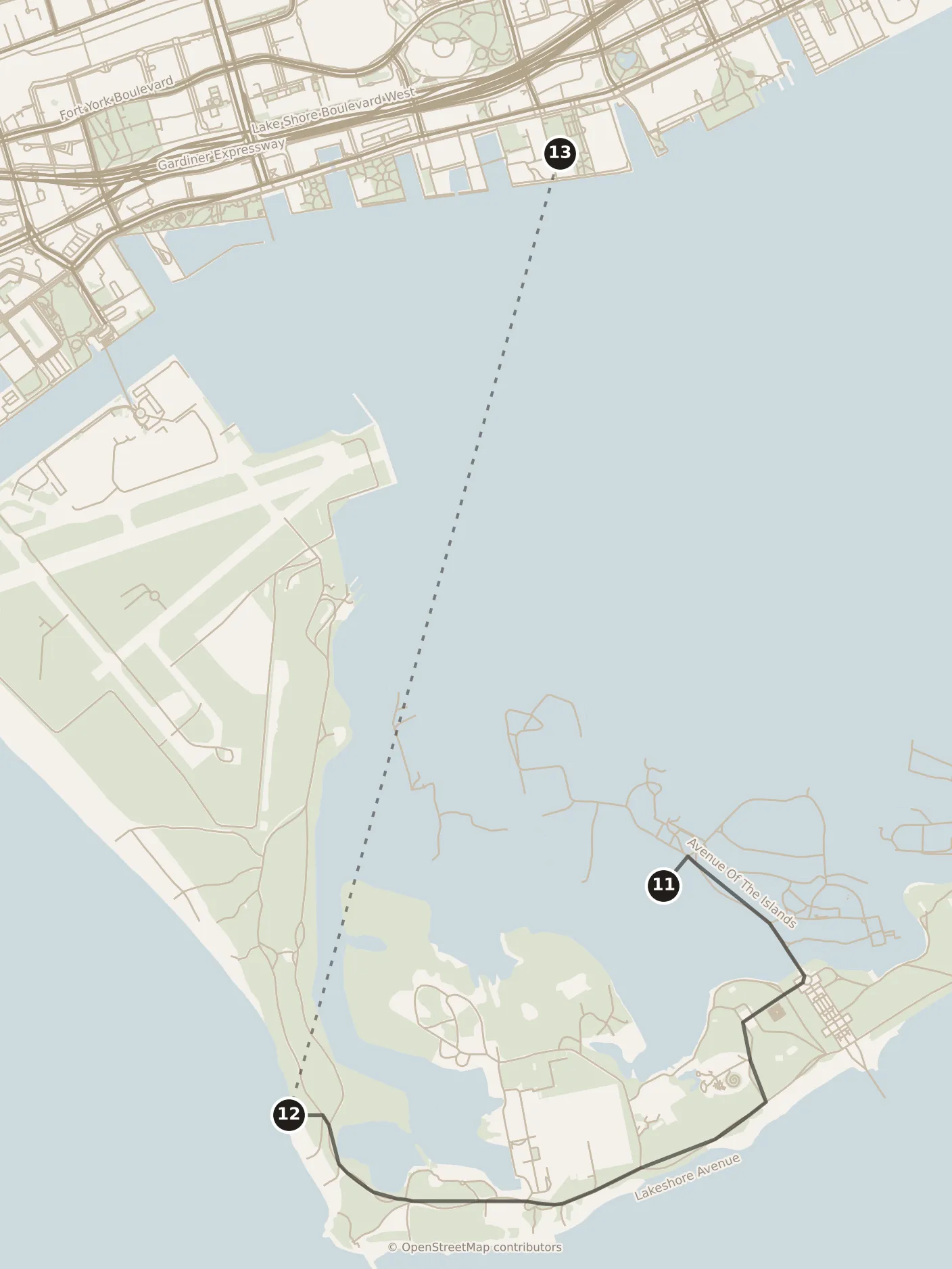 Map of Toronto, afternoon: stops 11–13, numbered in walking order.