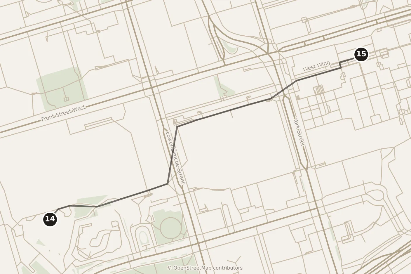 Map of Toronto, evening: stops 14–15, numbered in walking order.