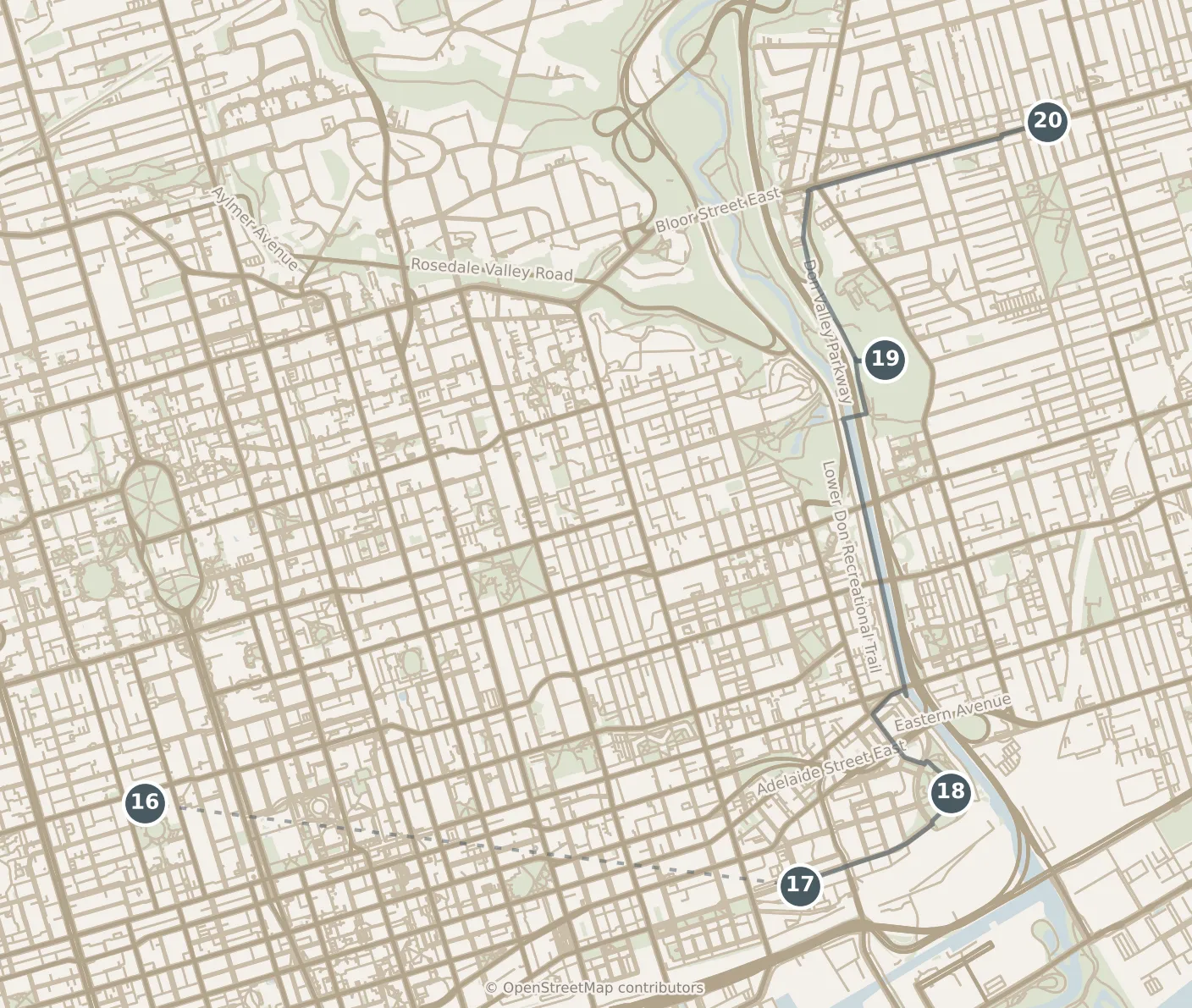 Map of Toronto, with a third day: stops 16–20, numbered in walking order.