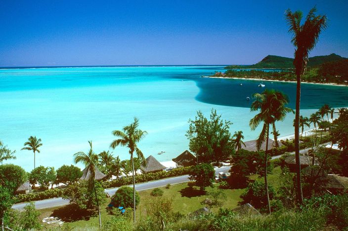 Matira Beach's turquoise lagoon and white sand, seen from a shaded rise with palm trees framing a coastal road and thatched-roof structures.