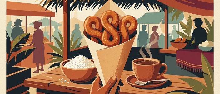 Illustration of firi firi: golden figure-of-eight doughnuts in a paper cone held at a market stall, a bowl of grated coconut and a steaming cup of hot chocolate beside.
