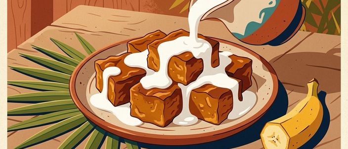 Illustration of po'e: caramel-brown squares of banana pudding on a plate, white coconut cream being poured over them from a bowl, a palm frond and a banana beside.