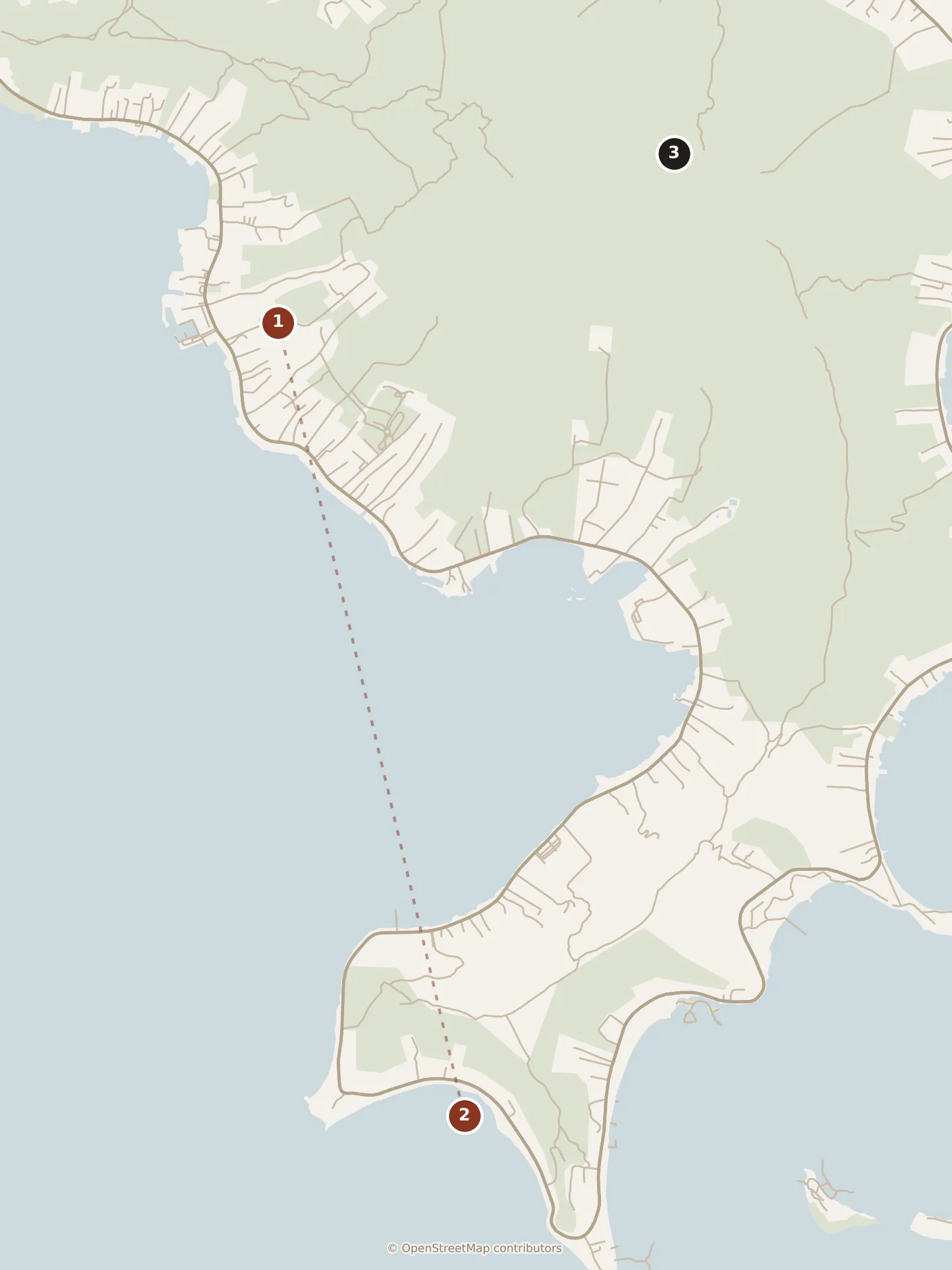 Map of Vaitape, day one and day two and with a third day: stops 1–3, numbered in walking order.
