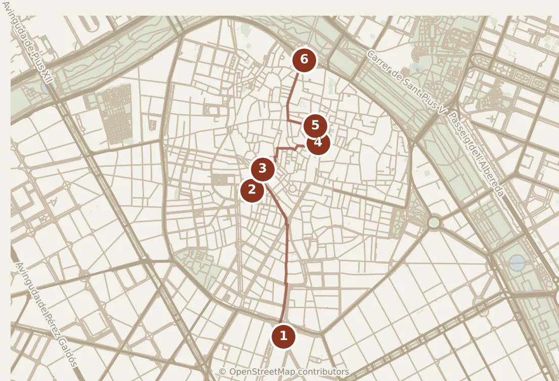 Map of Valencia, morning: stops 1–6, numbered in walking order.