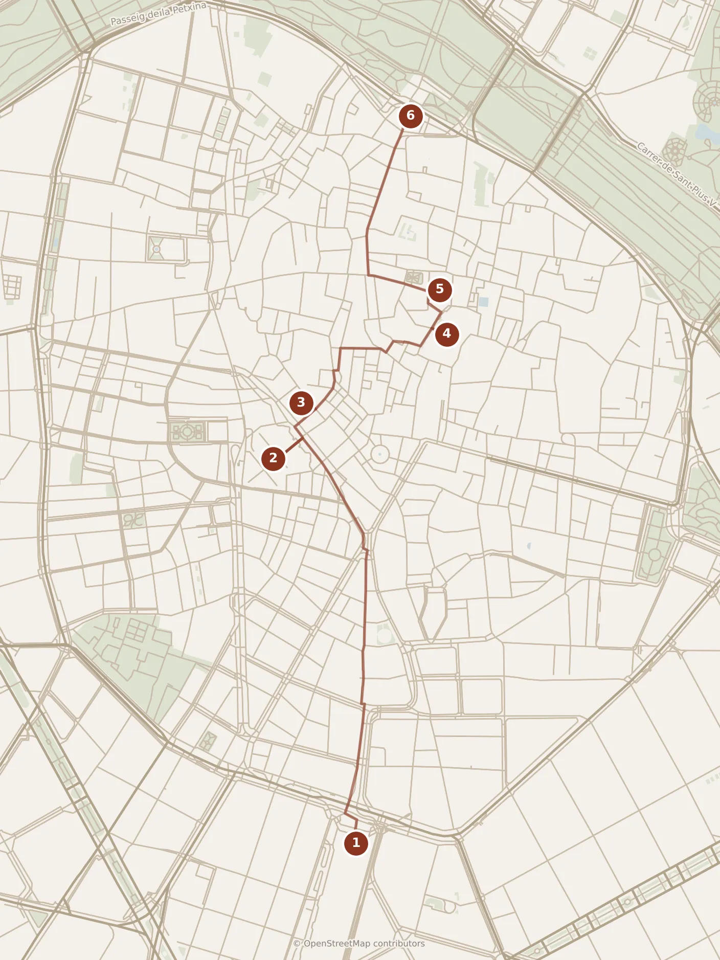 Map of Valencia, morning: stops 1–6, numbered in walking order.