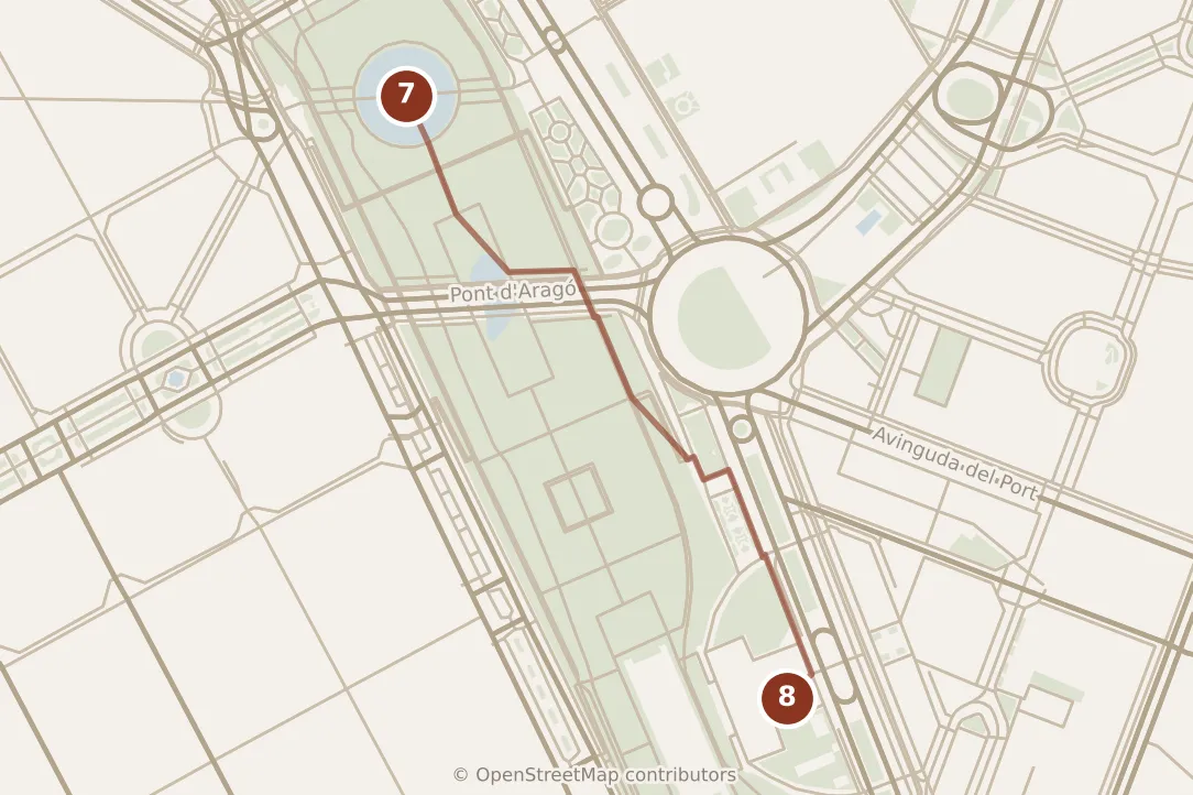 Map of Valencia, afternoon: stops 7–8, numbered in walking order.