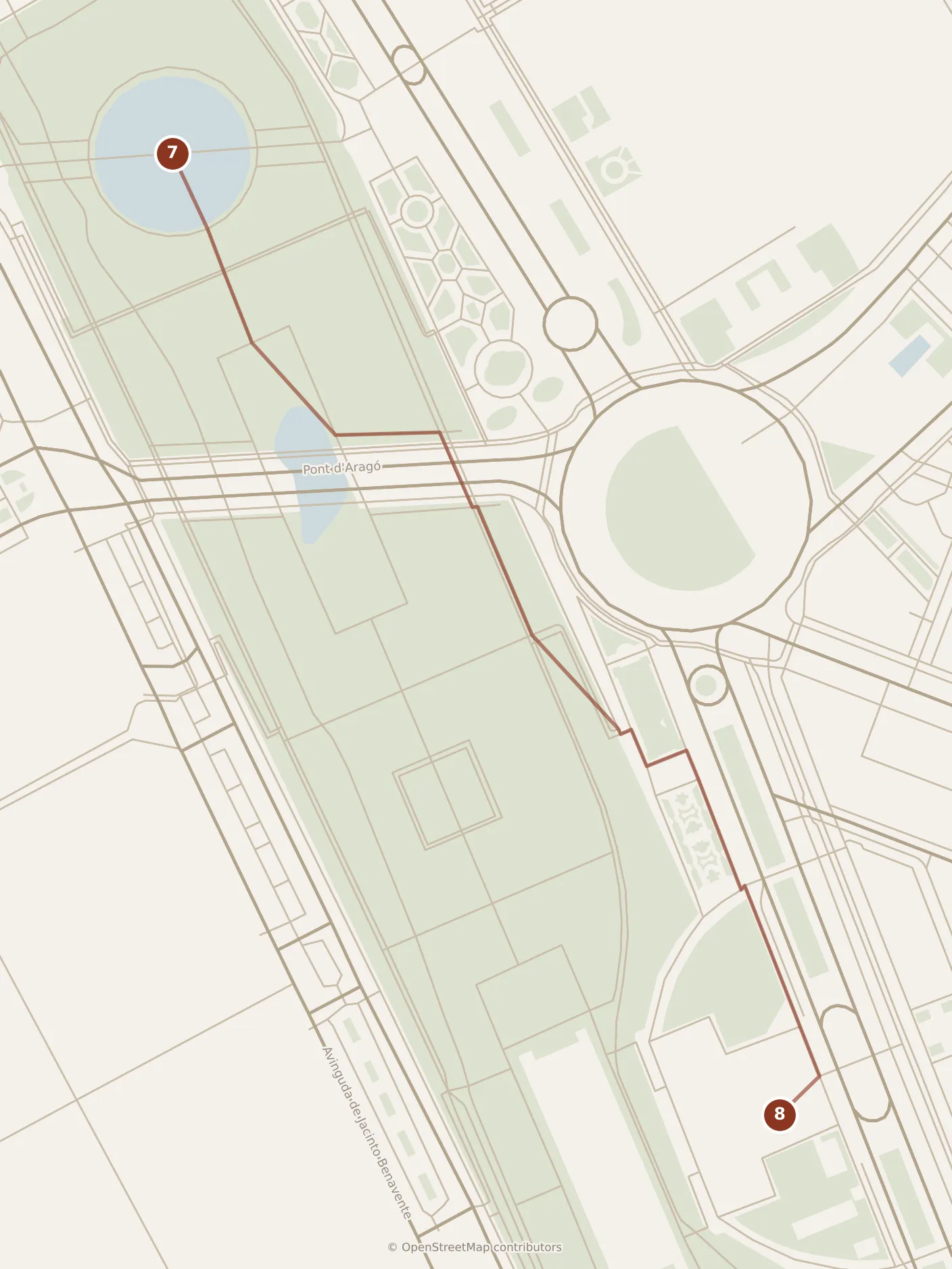 Map of Valencia, afternoon: stops 7–8, numbered in walking order.
