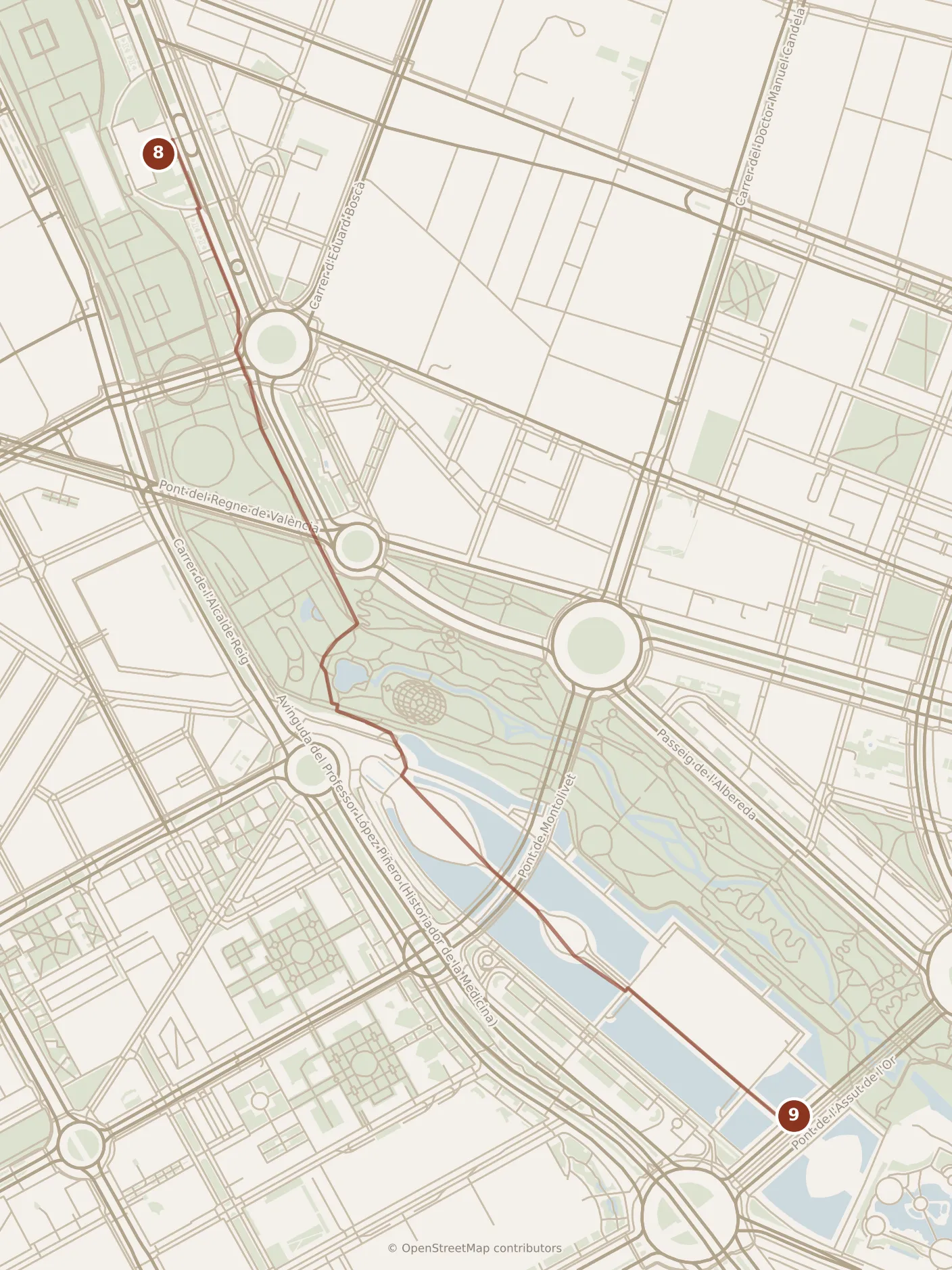 Map of Valencia, evening: stop 9, numbered in walking order.
