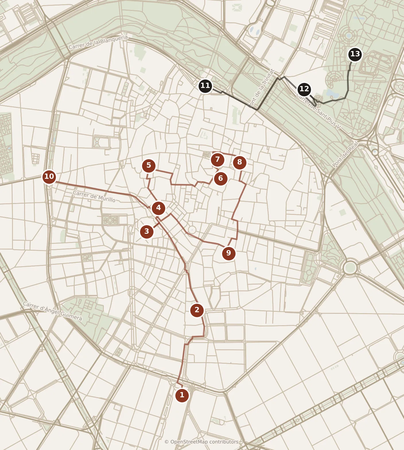 Map of Valencia, day one and day two: stops 1–13, numbered in walking order.