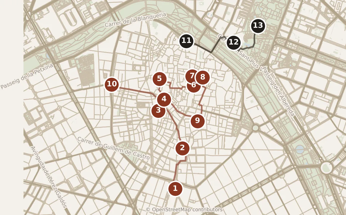 Map of Valencia, day one and day two: stops 1–13, numbered in walking order.