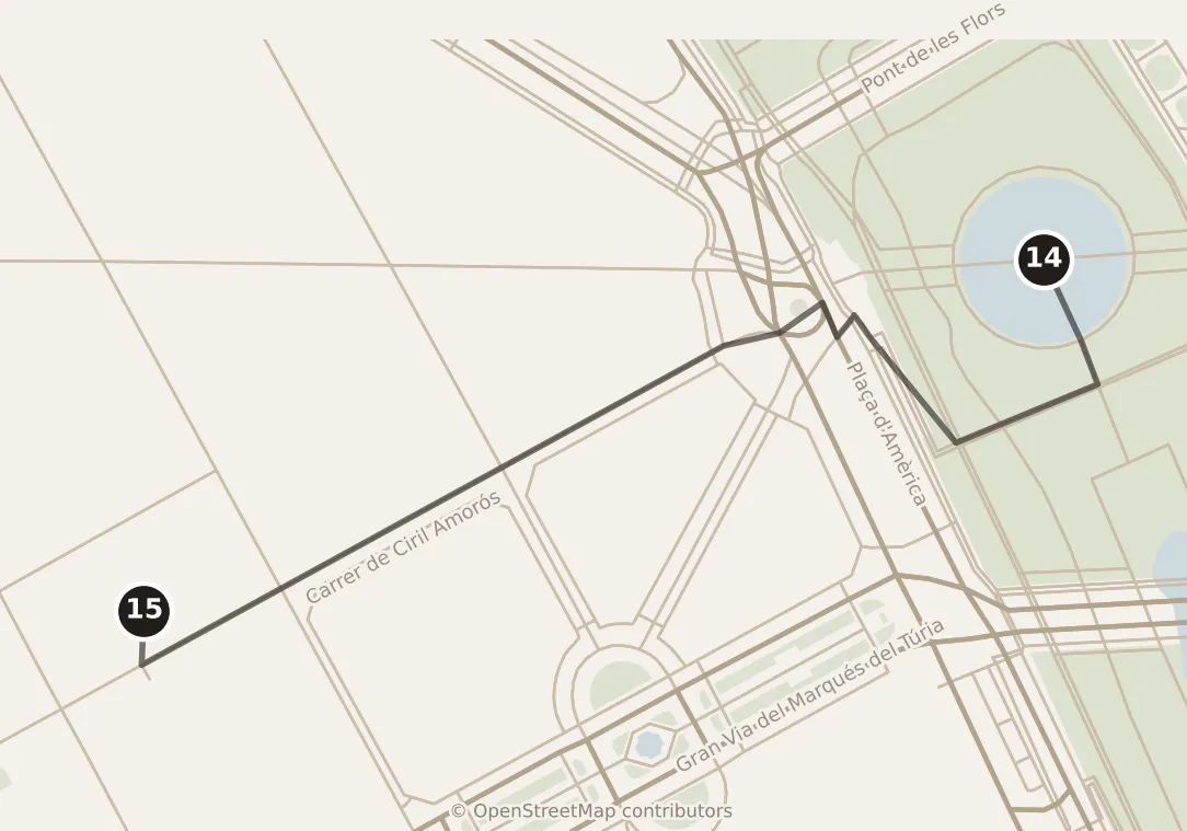 Map of Valencia, afternoon: stops 14–15, numbered in walking order.