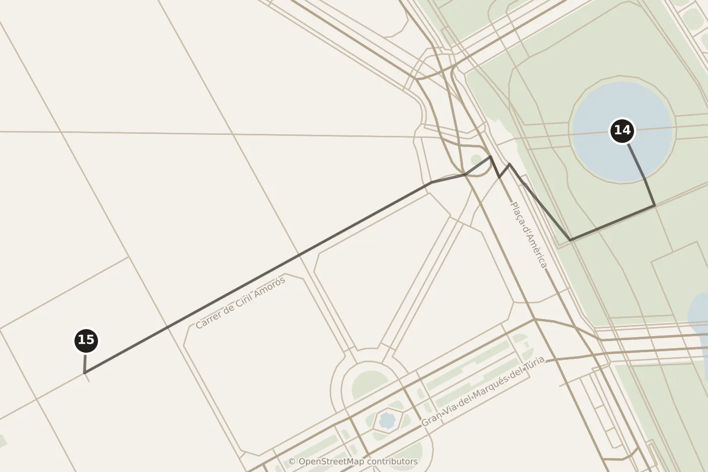 Map of Valencia, afternoon: stops 14–15, numbered in walking order.