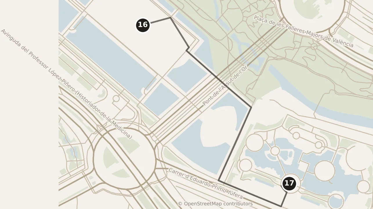 Map of Valencia, evening: stops 16–17, numbered in walking order.