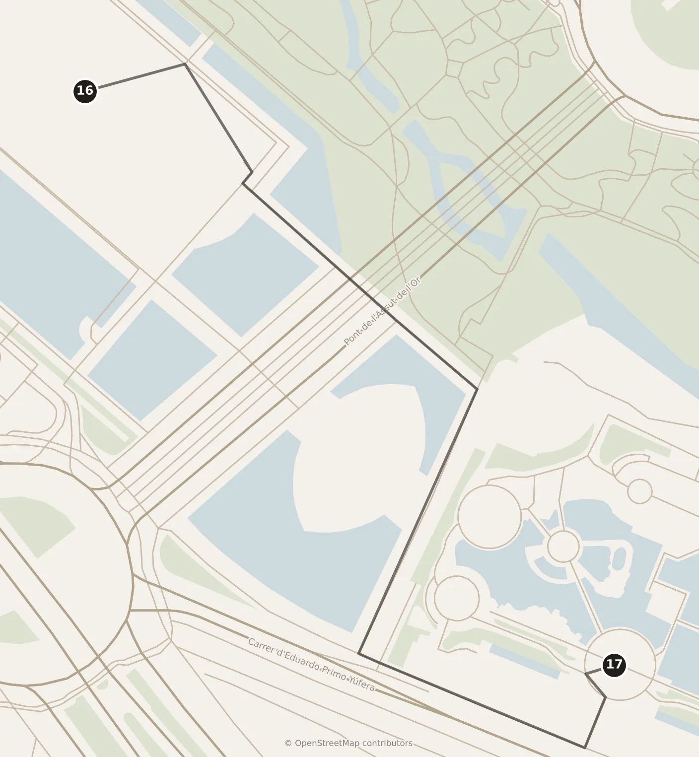 Map of Valencia, evening: stops 16–17, numbered in walking order.