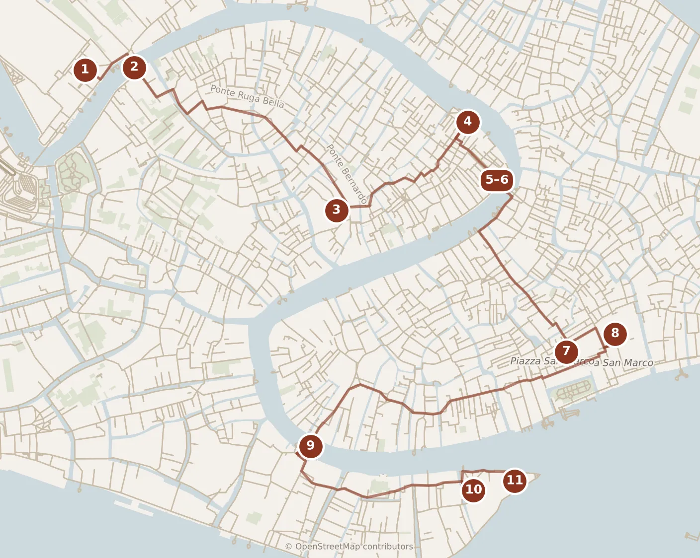 Map of Venice, the day: stops 1–11, numbered in walking order.