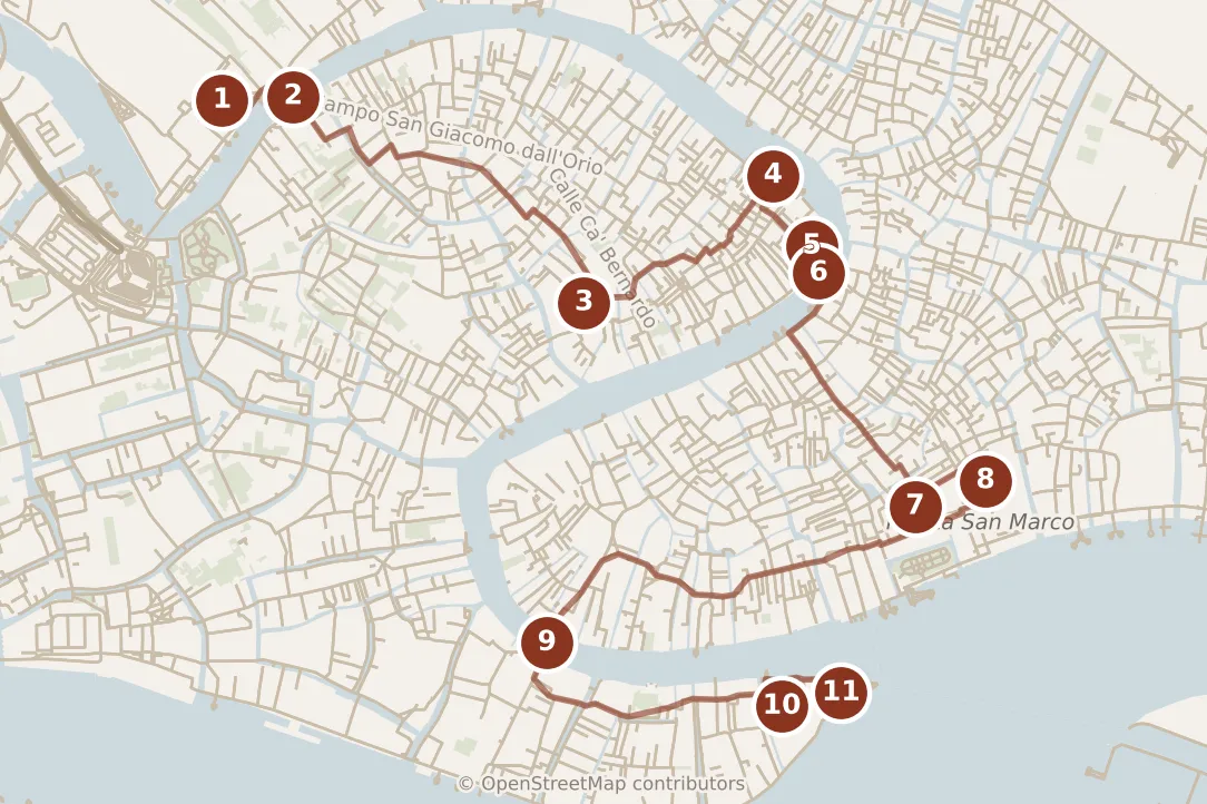 Map of Venice, the day: stops 1–11, numbered in walking order.