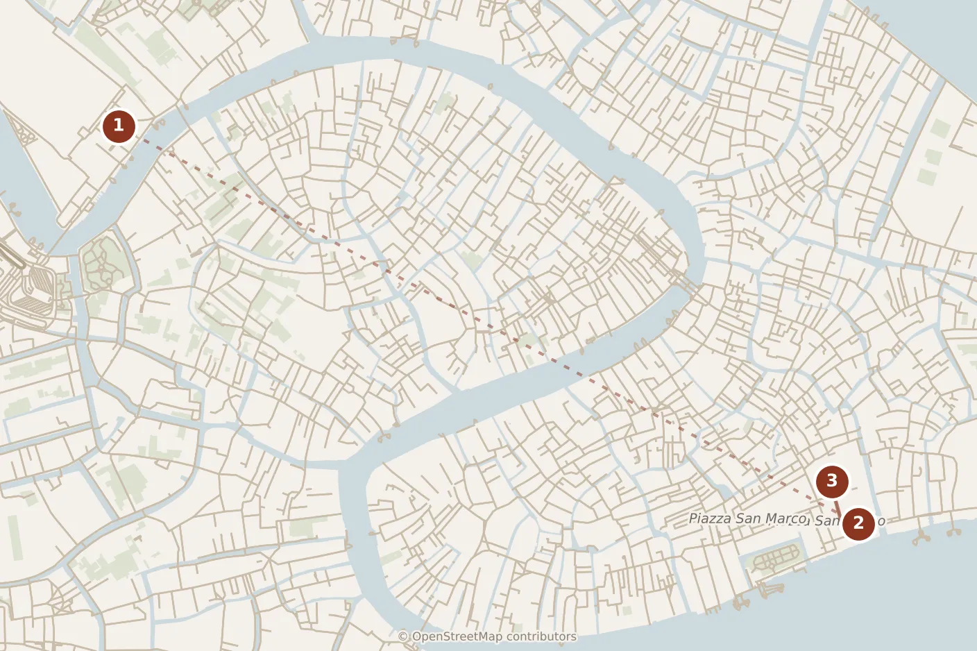 Map of Venice, morning: stops 1–3, numbered in walking order.