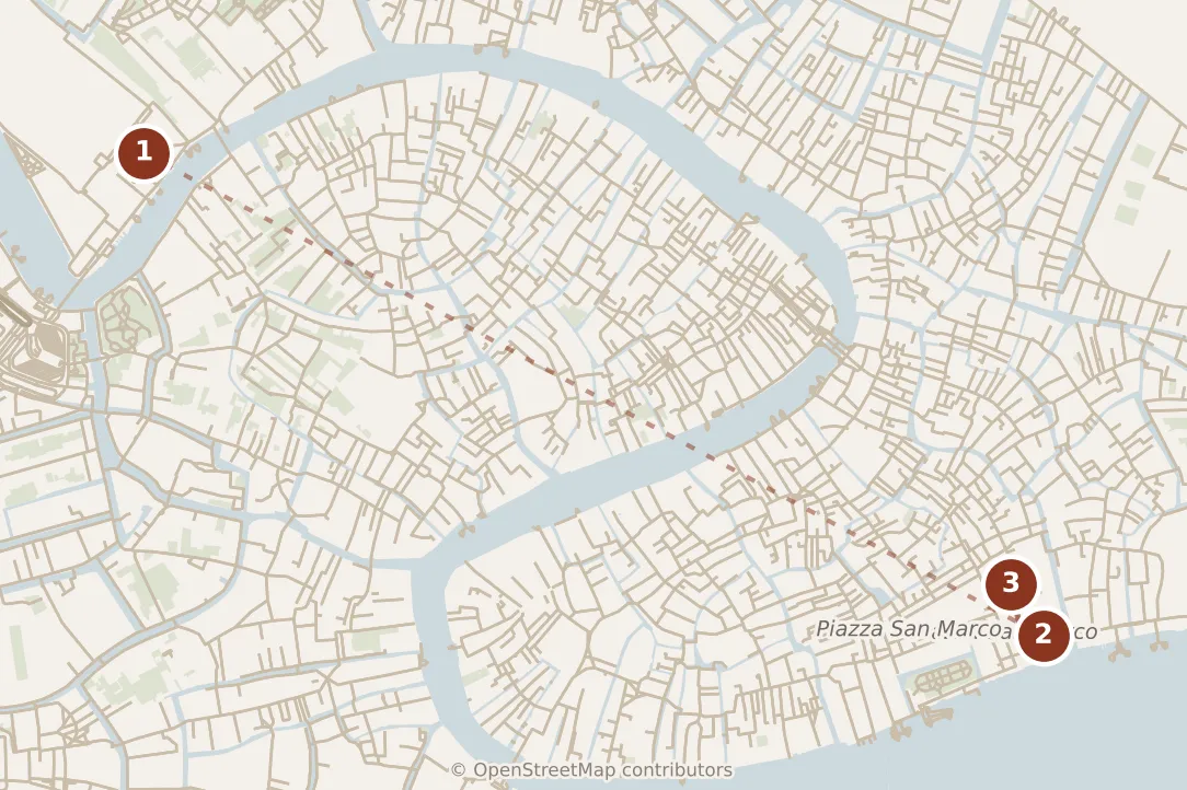 Map of Venice, morning: stops 1–3, numbered in walking order.