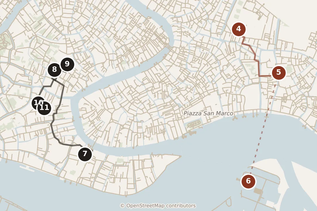 Map of Venice, day one and day two: stops 4–11, numbered in walking order.