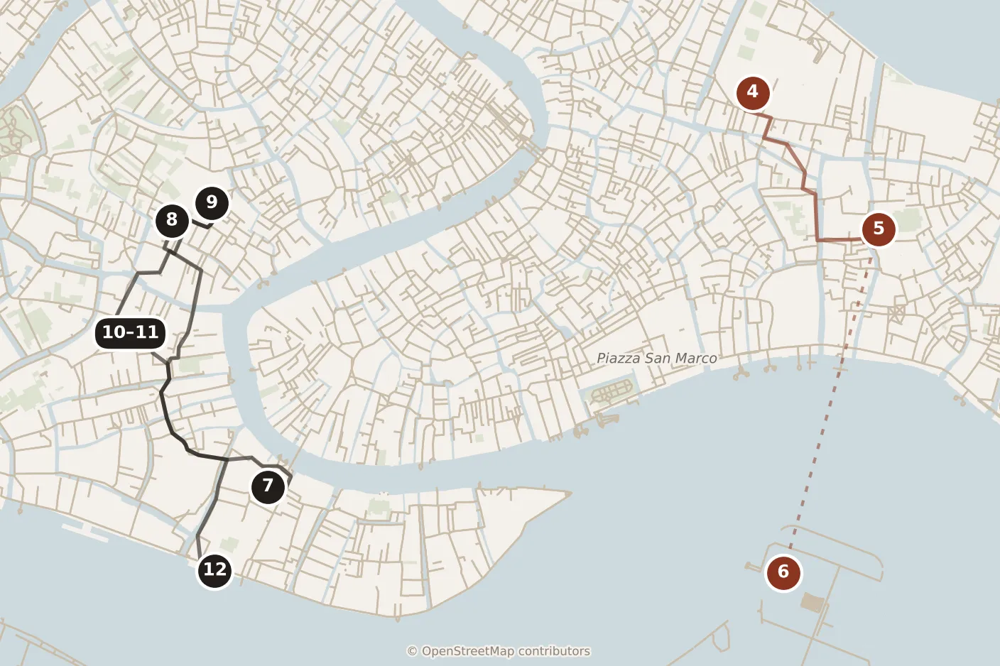 Map of Venice, day one and day two: stops 4–12, numbered in walking order.