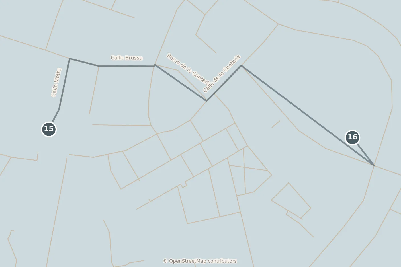 Map of Venice, with a third day · stops 15–16: stops 15–16, numbered in walking order.