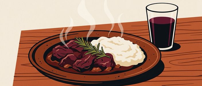 Illustration of pastissada de caval: dark wine-red braised meat with a rosemary sprig beside soft white polenta on a rustic plate, a glass of red wine behind, steam rising.