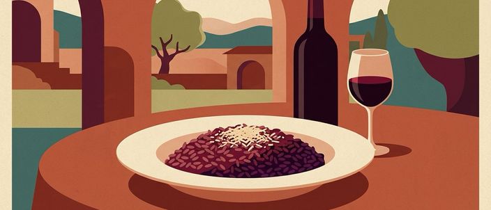 Illustration of risotto all'Amarone: a wide rimmed plate of risotto stained deep garnet, grated cheese on top, an unlabelled dark wine bottle and a glass of red behind, Valpolicella hills through arches.