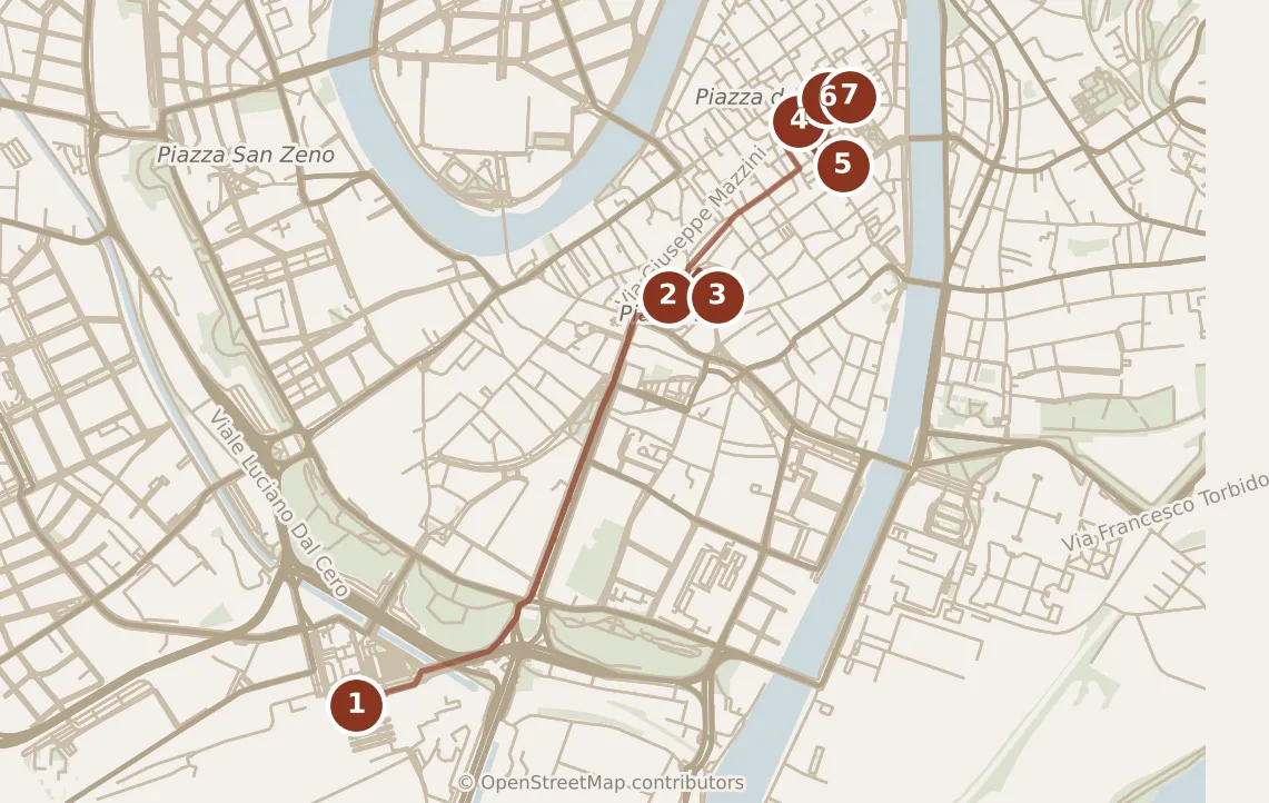 Map of Verona, morning: stops 1–7, numbered in walking order.