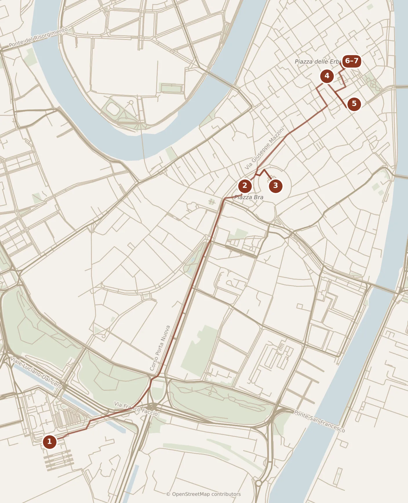 Map of Verona, morning: stops 1–7, numbered in walking order.