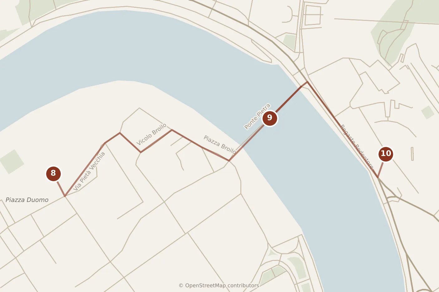 Map of Verona, afternoon: stops 8–10, numbered in walking order.