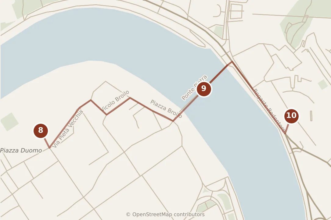 Map of Verona, afternoon: stops 8–10, numbered in walking order.