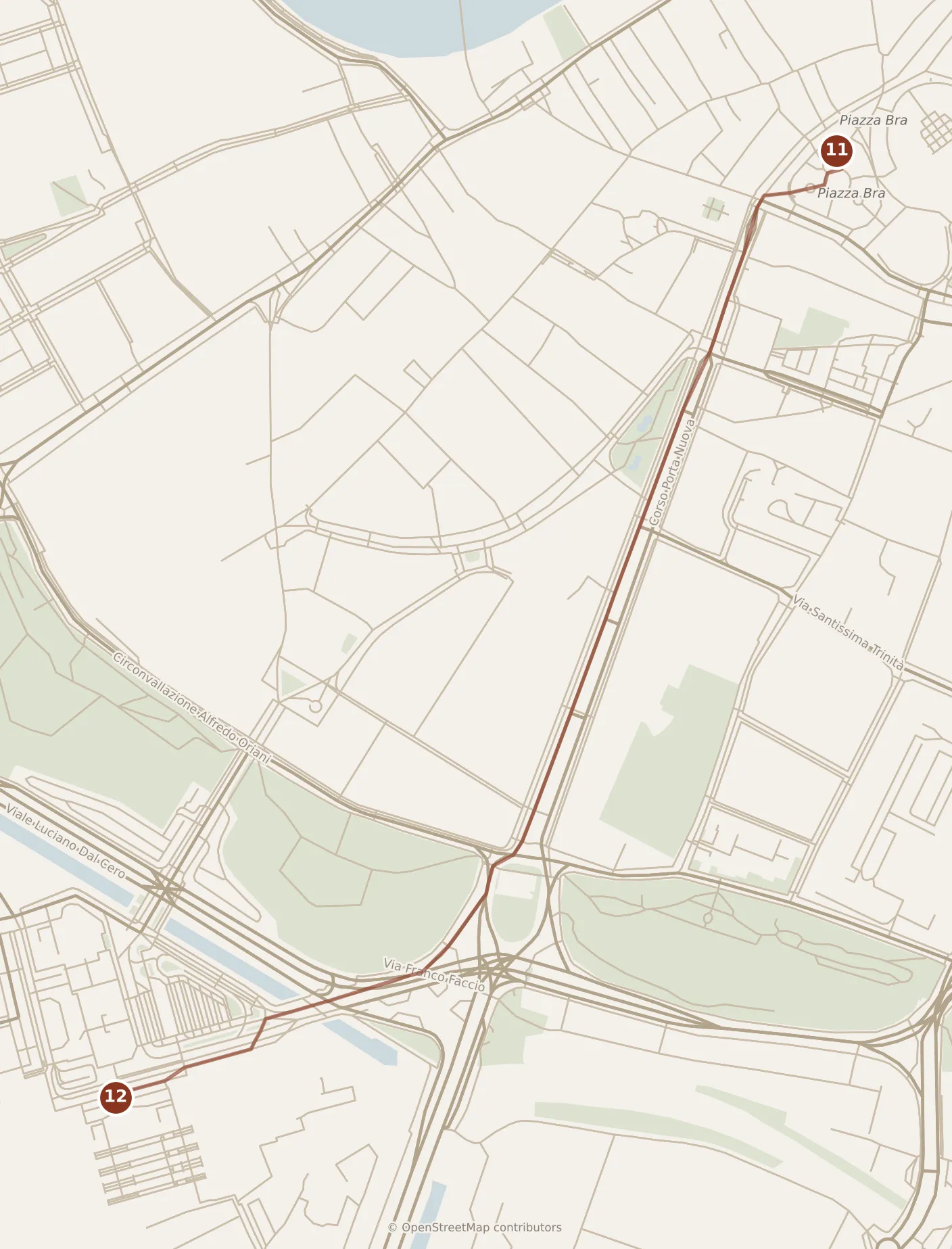 Map of Verona, evening: stops 11–12, numbered in walking order.