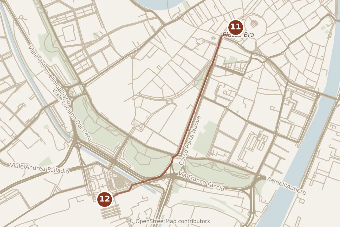 Map of Verona, evening: stops 11–12, numbered in walking order.