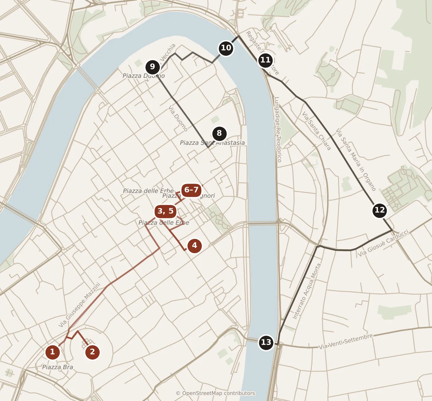 Map of Verona, day one and day two: stops 1–13, numbered in walking order.