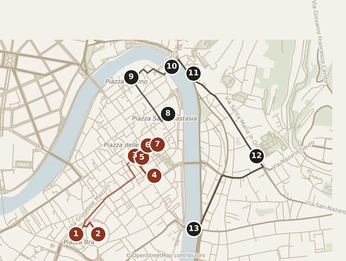 Map of Verona, day one and day two: stops 1–13, numbered in walking order.