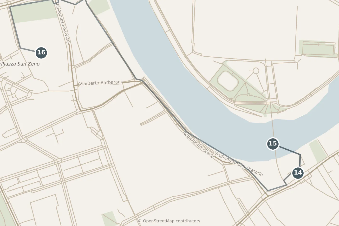Map of Verona, with a third day: stops 14–16, numbered in walking order.