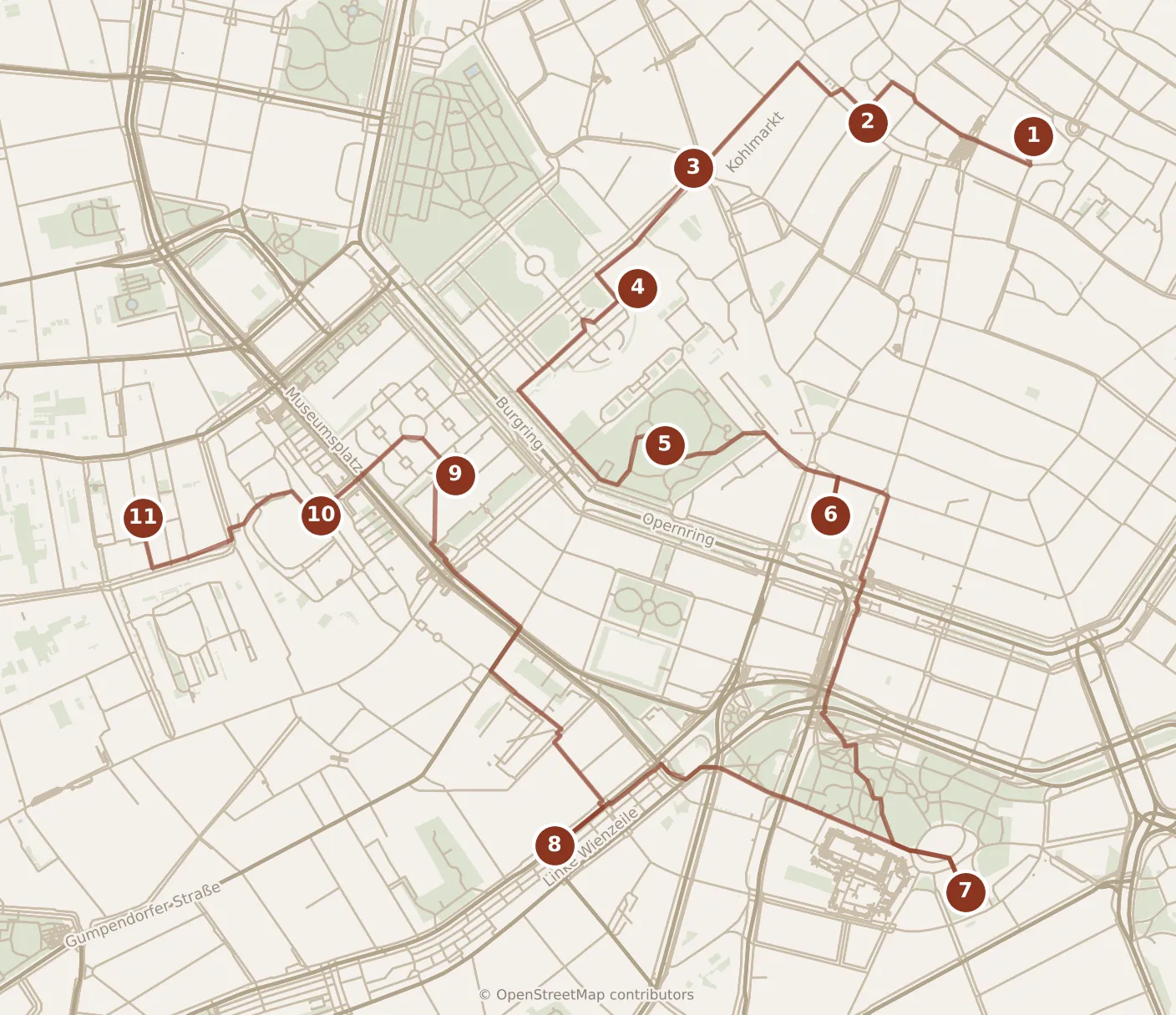 Map of Vienna, the day: stops 1–11, numbered in walking order.