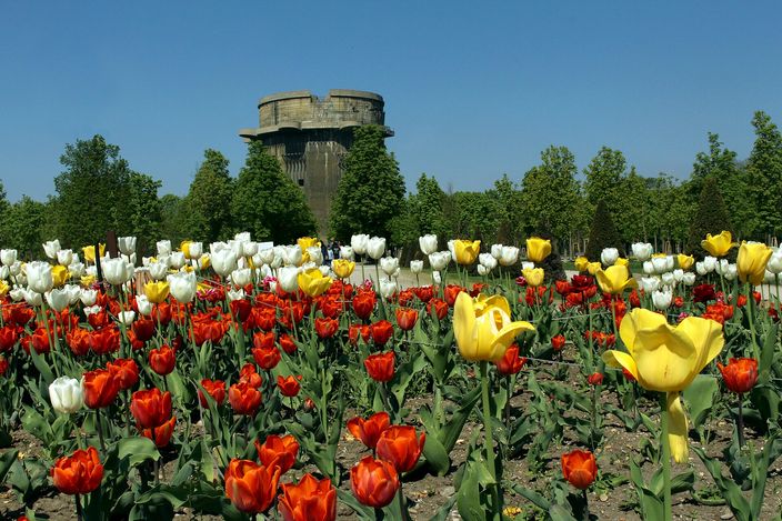 A squat windowless concrete tower with a heavy overhanging cap rising above a line of clipped trees, and in front of it a wide bed of tulips in red, yellow and white filling most of the frame under a deep blue sky.